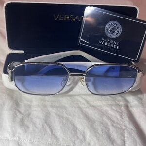 Versace Silver Frame Sunglasses with Blue Lenses